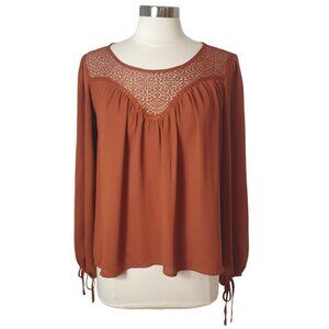 Charlotte Russe Womens Peasant Blouse L Rust Lace Yoke Tie Sleeves Chic Cottage